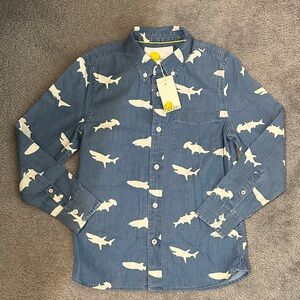 Mini Boden Boys' Long-sleeve Denim Chambray Shark Print Shirt